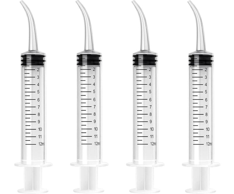 Pack of 4 Dental Syringes 12 ml Dental Syringe Transparent Plastic with Curved Tip and Measure for Oral Dental Care Cleaning