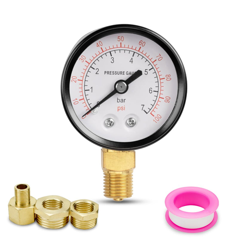 Innfeeltech 50mm Well Pump Pressure Gauge BSP 1/4" 0-7 Bar, 0-100 Psi with Bushings & Nipple Reducer, 1 Teflon Tape, Radial 50MM, 7bar(100psi)