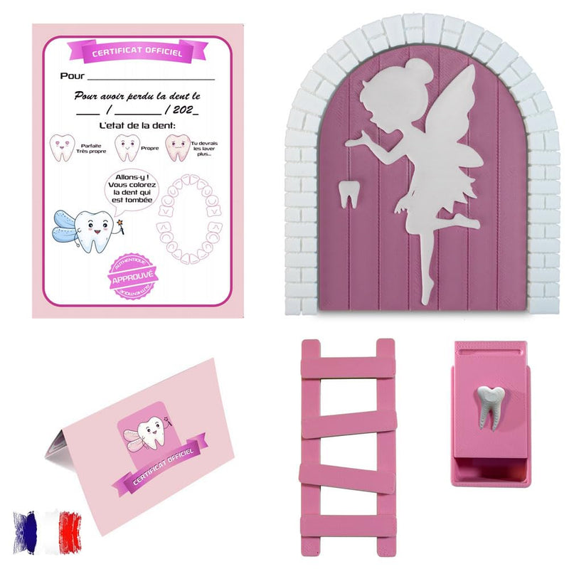 [AUSTRALIA] - Myfuturshop® Magic Tooth Fairy Door, Box for Teeth, Ladder and 4 Tooth Certificates, French Version, Unique Gift for Boys and Girls, Wake Up the Magic (Pink) Pink 