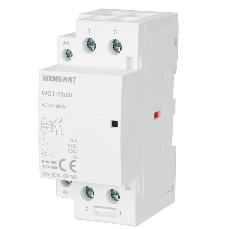Wengart Compact AC Contactor WCT-50, White, AC230V, 50A, Built for Durability, Whisper Quiet Operation, Energy Saving, with Additional Functions for Household Appliances (2NO) 2NO
