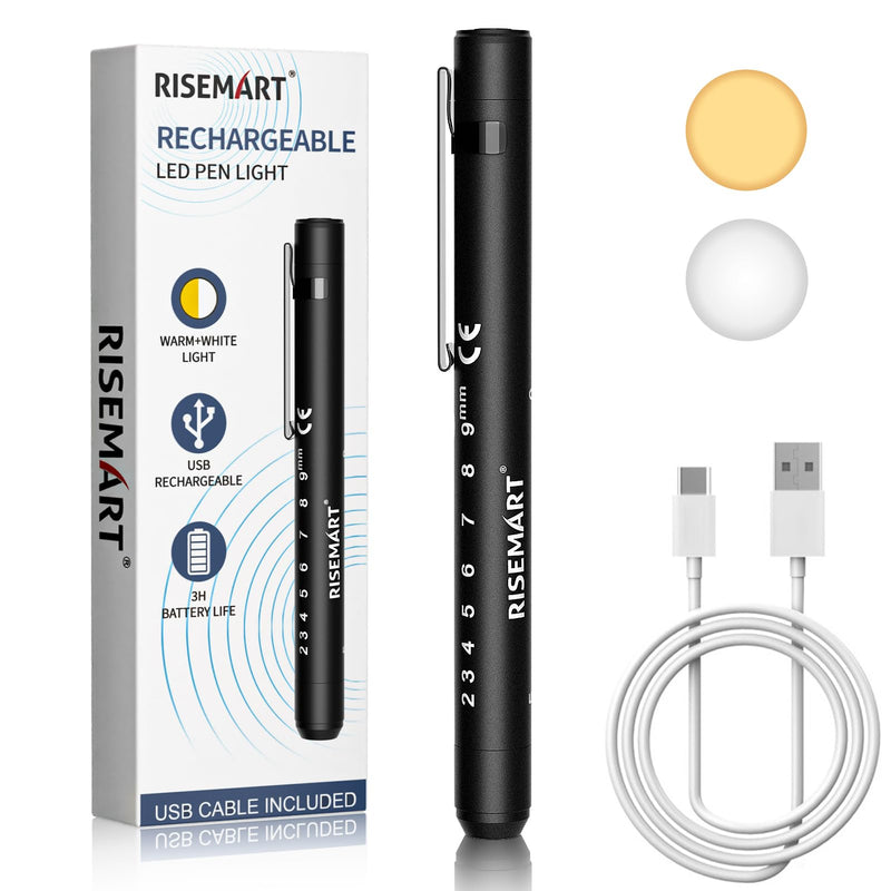 RISEMART Pupil Light Diagnostic Light with Pupil Meter and Ruler, Warm/Cool White, Rechargeable USB LED Pen Lamp for Nurses, Students, Doctors (Black) black