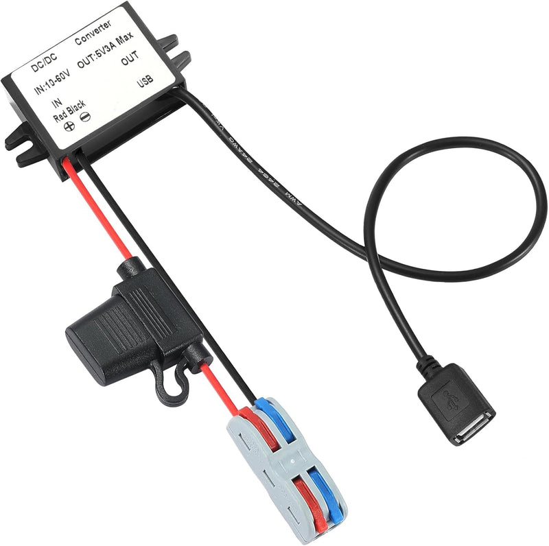 DC DC Buck USB A 10-60V to 5V Voltage Converter with Fuse 5V 3A 15W MAX 12V/24V/36V/48V/60V Power Transformer Waterproof Step Down Module for Automotive, LED Lights, Boat Docks, Instruments USB 10-60V to 5V 3A 15W