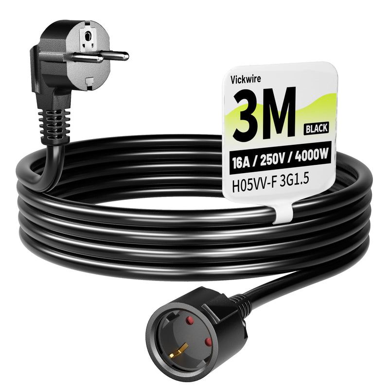 Vickwire H05VV-F 3G1.5 mm² Extension Cable 3 m Cable Extensions with Protective Contact Plug Schuko Extension 16 A/250 V Black 3m