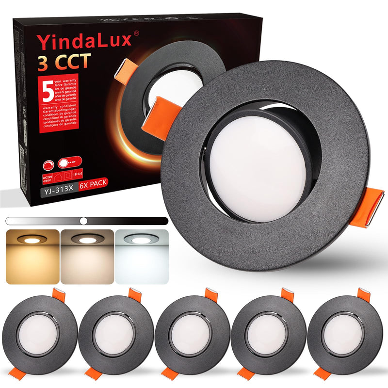 YindaLux Recessed Spotlight LED 230 V Dimmable Swivelling Recessed Spotlights 5 W IP44 LED Spot 68-80 mm Hole Size Ceiling Spotlights Warm White Neutral White Cool White Recessed Lights for Bathroom Black 6 Stück-120°Abstrahlwinkel