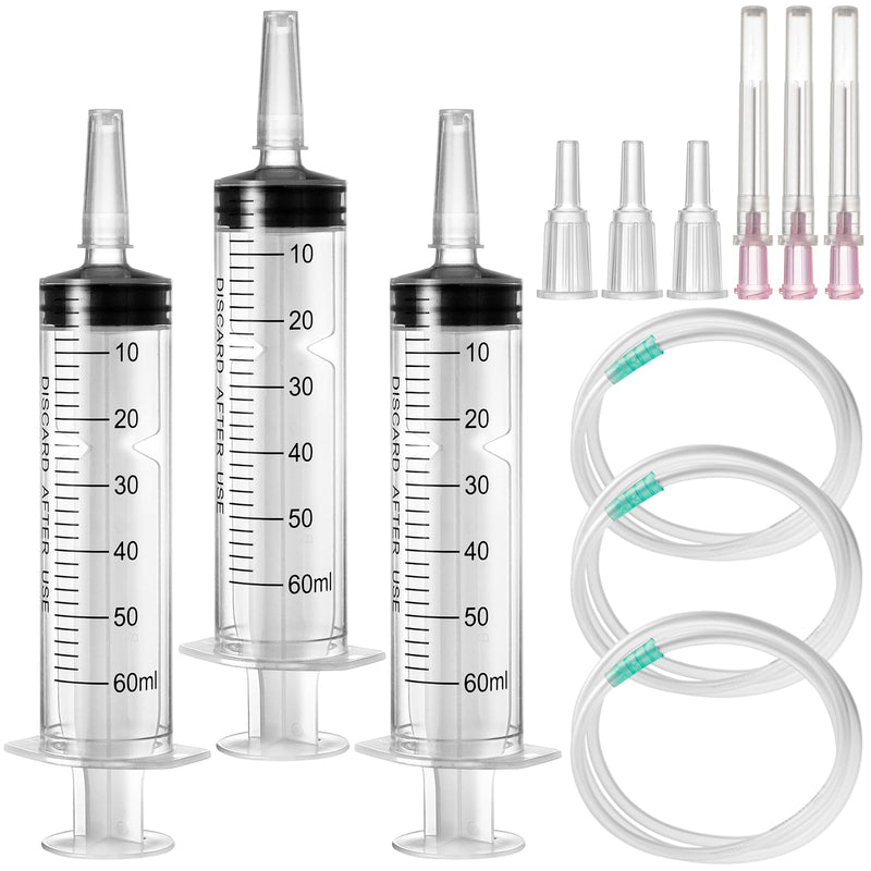 [AUSTRALIA] - Pack of 3 Syringes 60 ml, Reusable Sterile Syringe with Hose, Syringe with Blunt Needle Dosing Syringe Plastic Syringe for Laboratory Animal Feeding Plant Watering, Individually Packed 