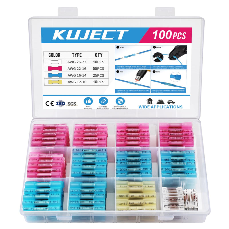 Kuject Crimp Connector Set of 100 Cable Connectors Butt Connector Waterproof Shrink Connector 10-26 AWG Butt Connector 100 Stück 26-10 AWG