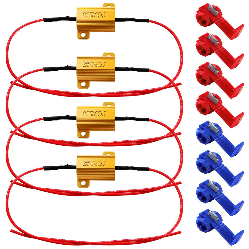 YIXISI 4 Pieces 25 W 6 Ohm Load Resistor for Car LED SMD Indicator Error Code Fix, with 8 Quick Cable Clips, for LED Indicator, LED Number Plate Light, DRL 25W 6ohm - 4pcs