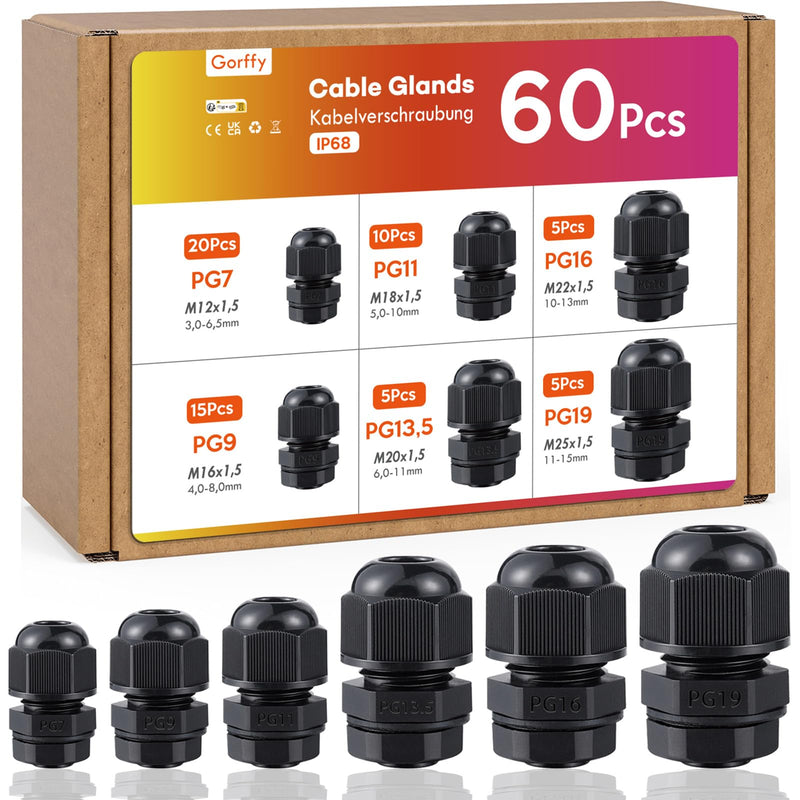 [AUSTRALIA] - Cable Gland Set with Seals, Gorffy 60 Pieces IP68 Cable Grommet Waterproof PG7 PG9 PG11 PG13.5 PG16 PG19, Cable Glands for Outdoor Garden, Plastic Nylon Cable Grommets 60 Stück 