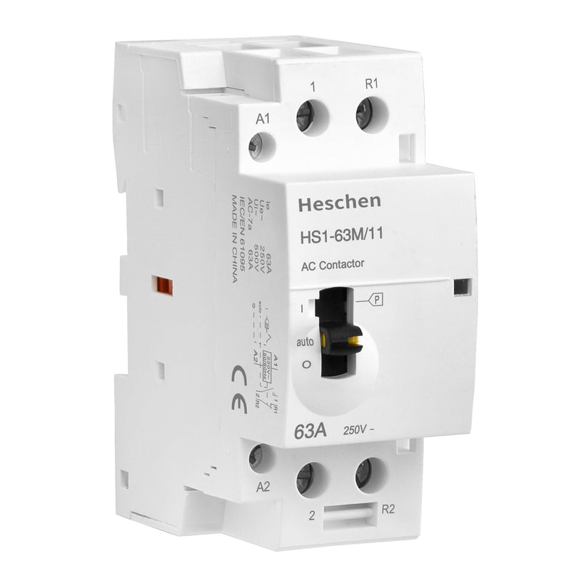 [AUSTRALIA] - Heschen Modular Household AC Contactor, HS1-63M/11, 63A, 2 Pole, 1NO 1NC, 220VAC Coils, 35mm DIN Rail Mounting, with Manual Control Switch 