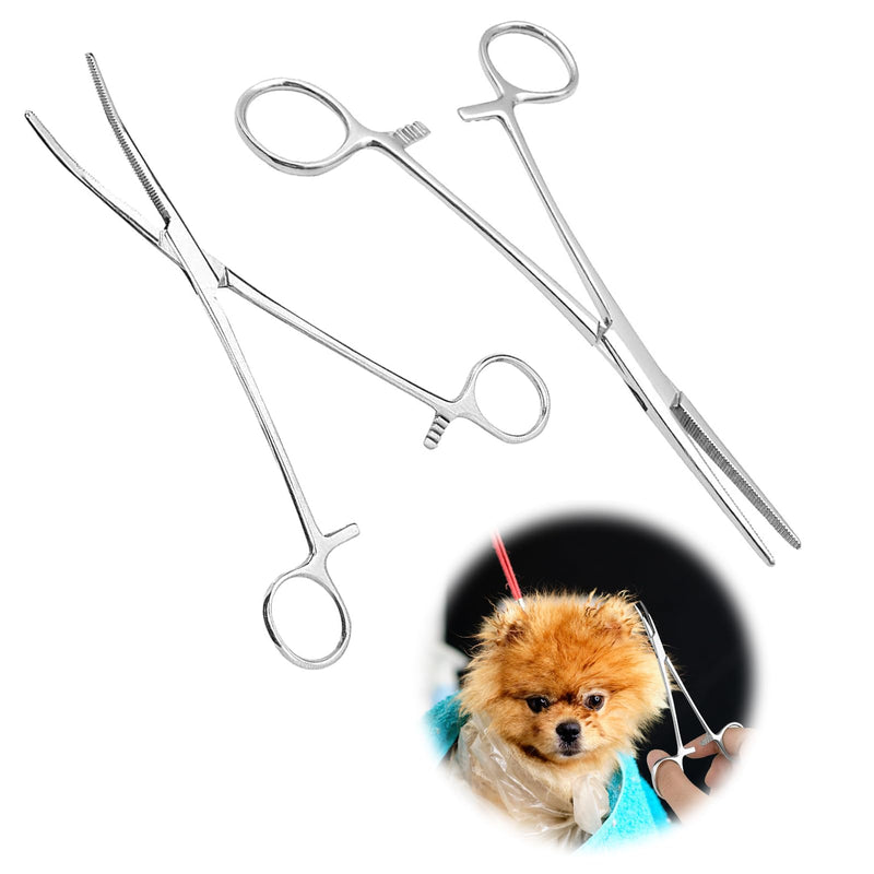 Piercing Pliers, 12.5 cm Clamping Pliers Piercing Pliers for Opening, Clamp Nurse, Straight and Curved Heads, Cat and Dog Hair Tweezers, Screw Clamp Sawtooth Design Non-Slip Pack of 2