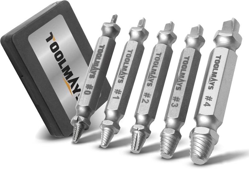 TOOLMAYS Screw Extractor Set, 5 Pieces Left Extractor Set, Max. Hardness up to 66 HRC, Damaged Screw Remover Extractor Set 2-in-1 solution