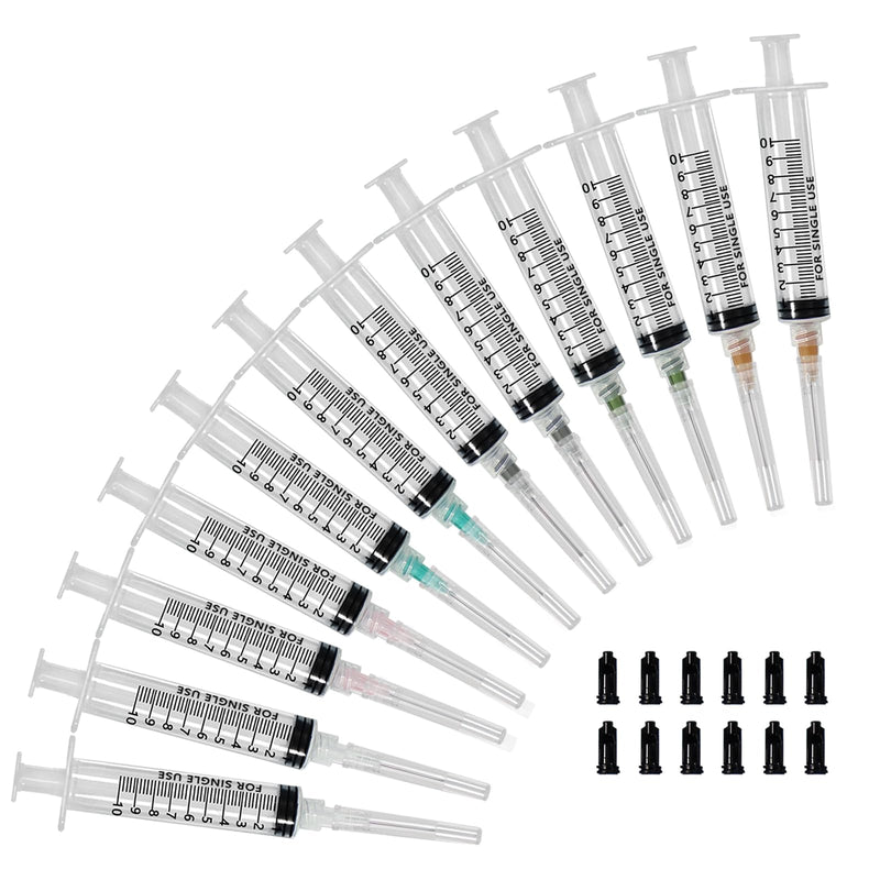 Pack of 12 Reusable Luer Lock Syringe, 10 ml Screw Cap Syringe, Threaded Syringe with 14-27G Dosing Needles and Caps Blunt Needle, Dosing Feeding Syringe for Pet Feeding Watering