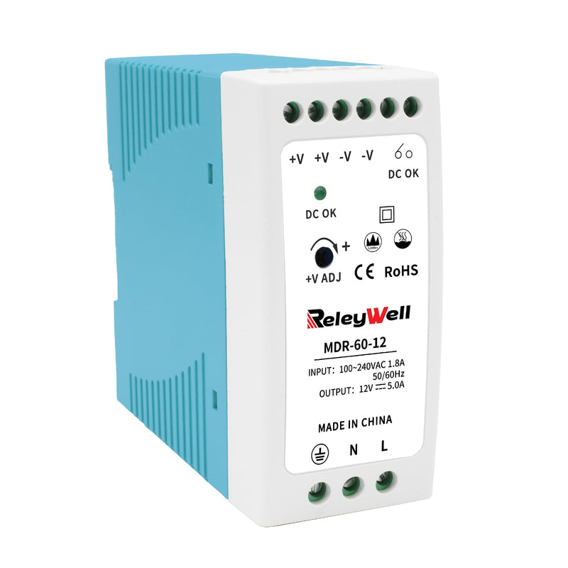 ReleyWell, MDR-60-12 DIN Rail Power Supply 12 V, 60 W, 5 A; Transformer 230 V to 12 V LED, DIN Rail, 12 Volt Power Supply, Bell Transformer, ReleyWell, MDR-60-12 12V 60w