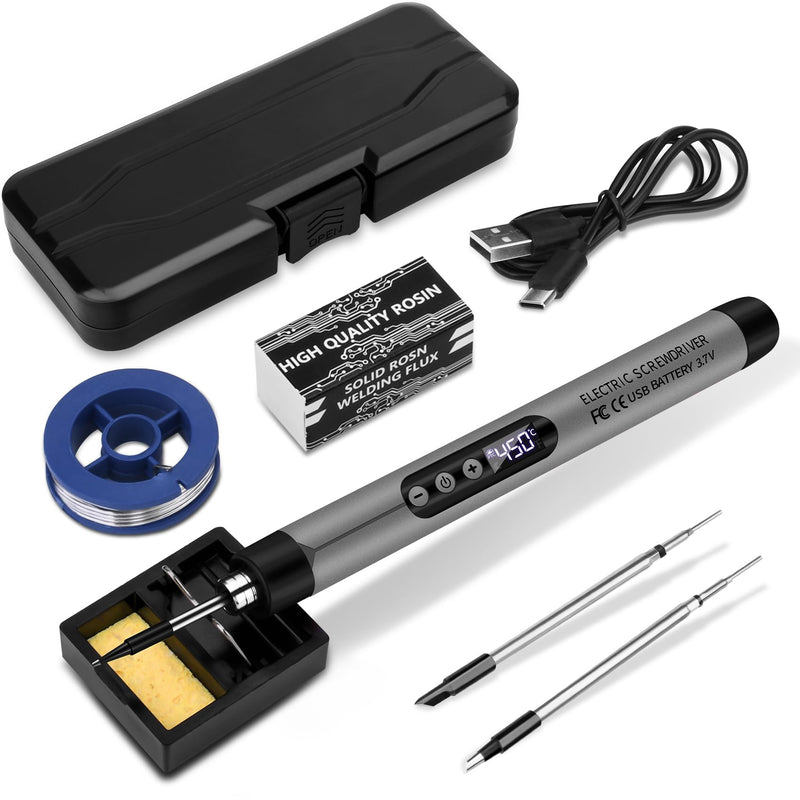 [AUSTRALIA] - KKMOL Battery Soldering Iron Set, USB Rechargeable Soldering Iron with LCD, Temperature Adjustable 330 °C - 450 °C, 3 Soldering Tips, Soldering Wire, Soldering Paste, Professional Safe Complete Gray 