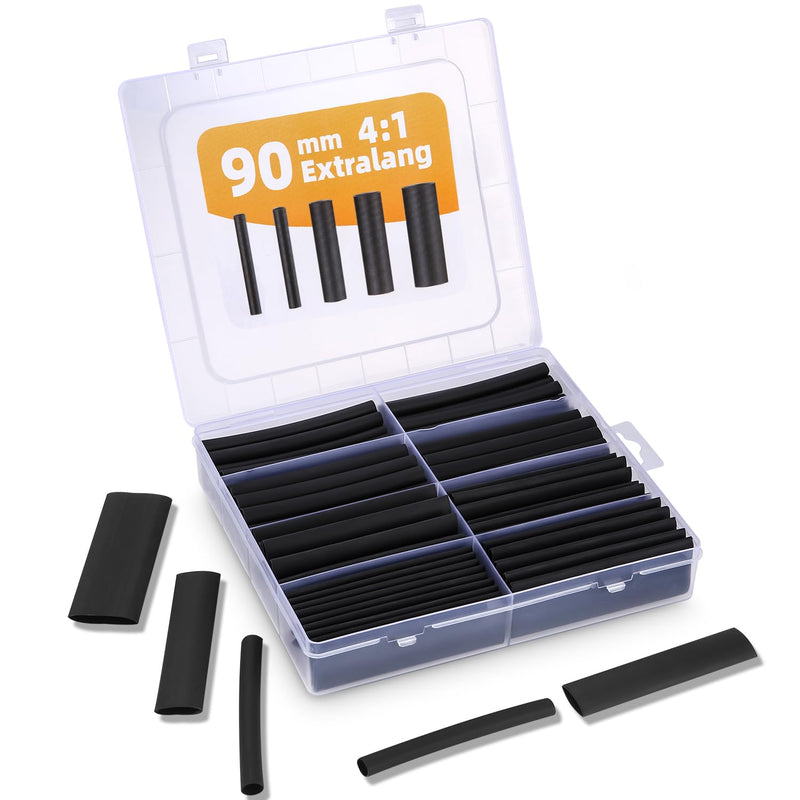 LEAZZLE Pack of 100 Heat Shrink Tubing Set, 90 mm Extra Long, 4:1 Heat Shrink Tubes with Adhesive, Double Wall Heat Shrink Tube, Waterproof for Electrical Insulation and Cable Connectors (5 Sizes,