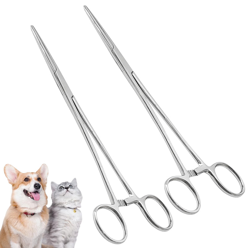 Pack of 2 Piercing Pliers and Hook Remover Pliers Made of Stainless Steel - Tweezers for Cats and Dogs Hair - Sawtooth Design - Artery Clamp - 12.5 cm - Straight and Curved Heads - Nurse Accessories