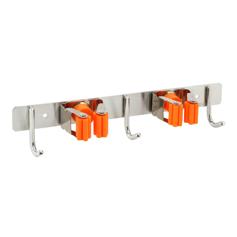 TMY Broom Holder Wall | Tool Holder 27 cm | Broom Holder 3 Hooks 2 Holders | Garden Tools Holder for Kitchen Bathroom | Wall Mount Broom Mop Tools Keys | Self-Adhesive for Screwing On 1-pack Orange