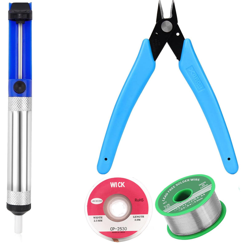 Desoldering Pump, Desoldering Wick, Micro Shear Wire Cutter Pliers, Lead-Free Solder with Rosin Core, 4-Piece Desoldering Pump Set, Soldering Piston Support Accessories, Soldering Removal Tool