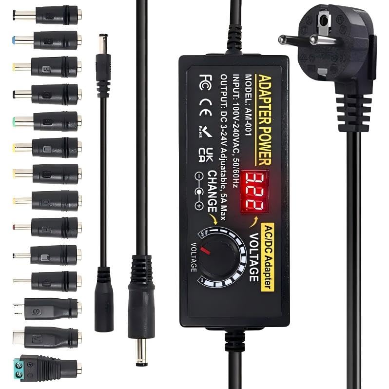 Adjustable Power Adapter 3-24V 5A 120W, Universal Power Supply 5A 120W Adjustable Power Supply Adapter, 100V-240V AC to DC 5A Power Supply with LED Voltage Display and 5.5 x 2.5 mm 14 Tips & Polarity