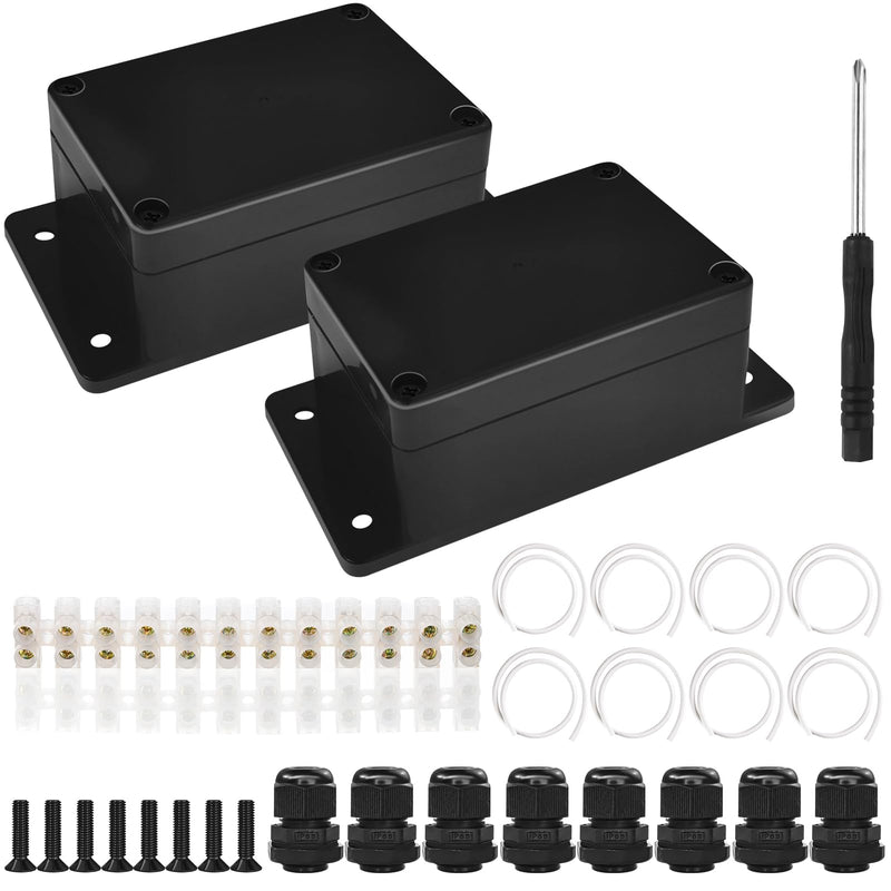 Celepoir Junction Box, Black, Waterproof IP65, Junction Box Waterproof with 8 Cable Glands, Small Junction Box with Fixed Ear, Wet Room Distribution Box for Electronics, 100 x 68 x 50 mm, Pack of 2