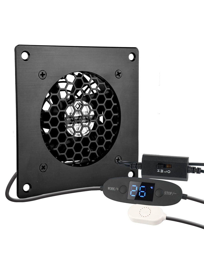 euroharry 80 mm Digital Display, Temperature-Controlled Quiet Fan System, 1 x Temperature Controlled + 1 x USB Fan, 5 V Fan with Modern Brushed Black Aluminium Frame for Home Cinema AV Cabinets