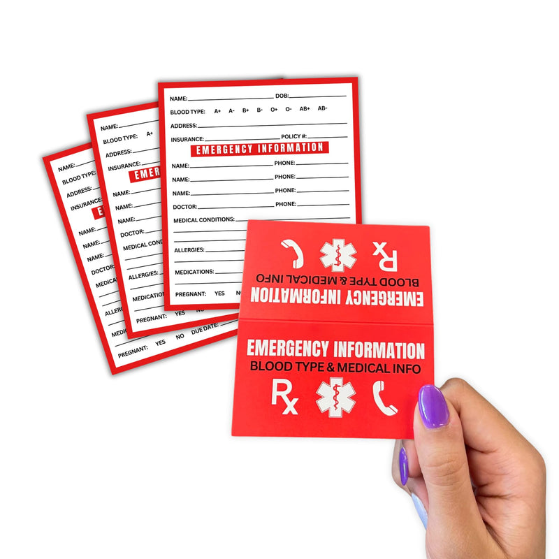 Medical ID Information In Case of Emergency Folded Wallet Card | 10pk 2x3.5” Folded Contacts Doctor Allergies Medications Write In Blood Type