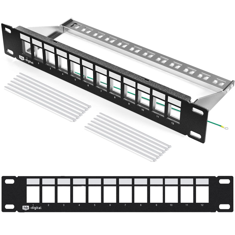hb-digital 12 Port Patch Panel Distribution Panel Patch Panel Modular for RJ45 Keystone Module 10 Inch CAT 5 CAT 6 CAT 7 for Network Cabinet LAN Professional TIA568A TIA568B Switch Earth Cable - Black