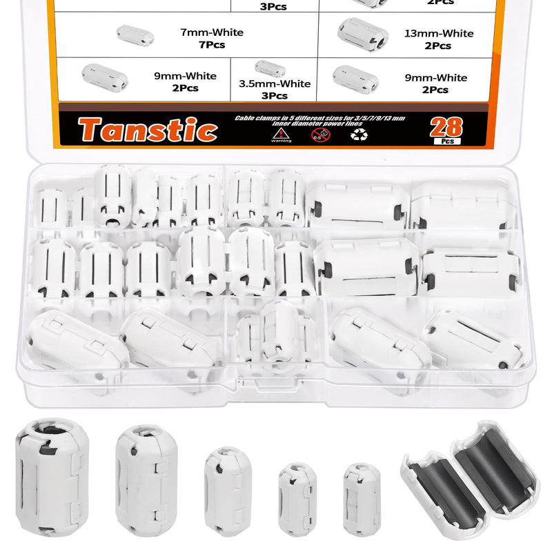 [AUSTRALIA] - Tanstic 28Pcs White Clip-on Ferrite Ring Core RFI EMI Noise Suppressor Cable Clip for 3.5mm 5mm 7mm 9mm 13mm Diameter Cable 