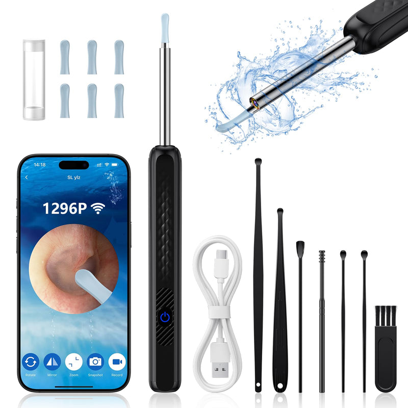 GlasFlength Ear Wax Remover Otoscope, WiFi Ear Cleaner with 1296P HD Camera Wireless Waterproof Ear Cleaner with 6 LEDs 3.6 mm Lens Ear Cleaner for iOS and Android Phones (Black)