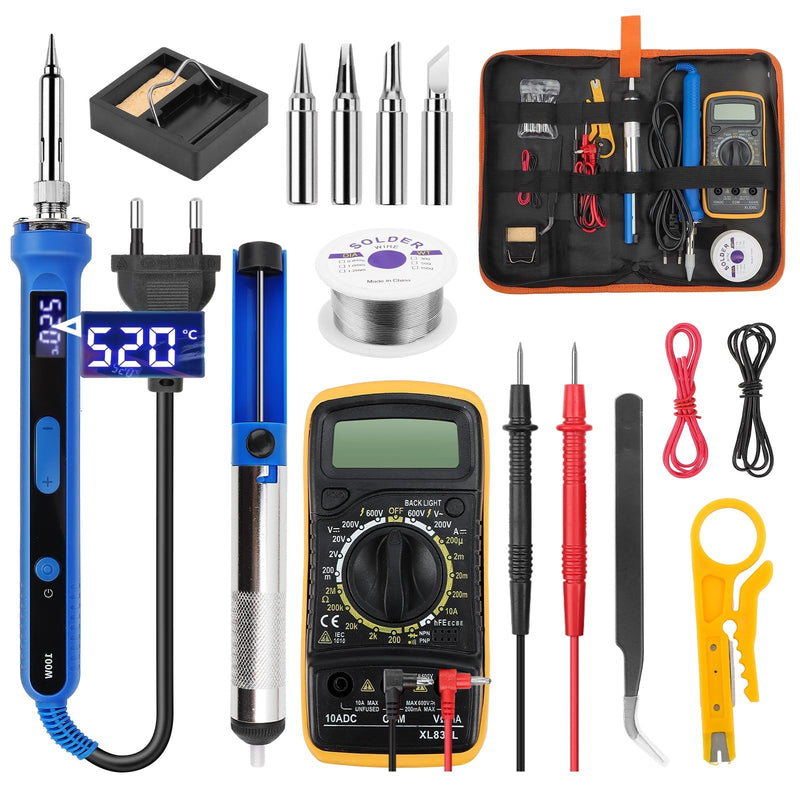 Ltkolben Set 100 W, LED Lt Piston with Temperature Control 180-520C, Soldering Kit with On/Off Switch, 50 g Litter Wire, 5 Litre Tips, Discharge Pump, Lt Piston Stand, Tweezers, Digital Multimeter (15 15 pieces
