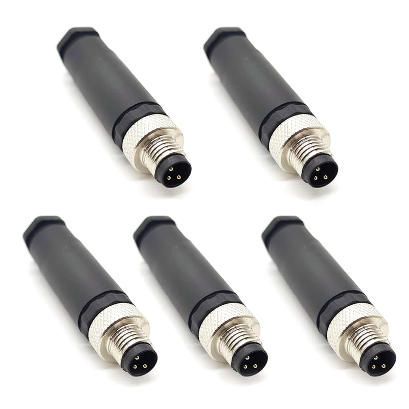 Pack of 5 M8 3-pin plug round connectors, on-site mounted with 8 mm wired sensor, industrial round plug IP67 unshielded code straight plug 60 V 4 A M8 Männlicher