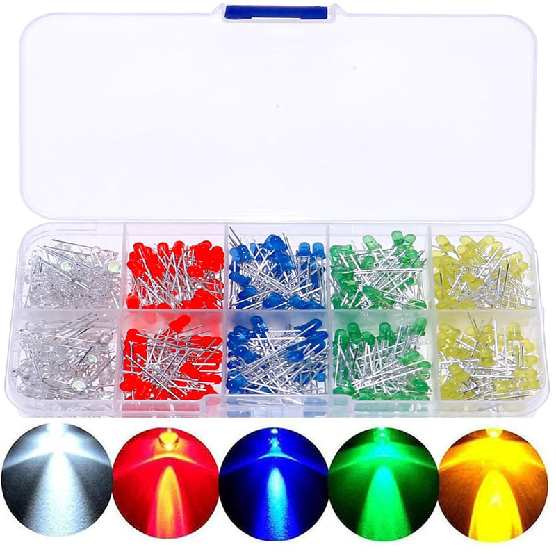 [AUSTRALIA] - MINGZE LED Light Emitting Diodes Set, 3 mm Diodes Electronic Components Light Emitting Diodes Round 2-Pin Electronic Components with 5 Colours Red Blue Green Yellow White (Pack of 500) 500 pieces 3 mm 