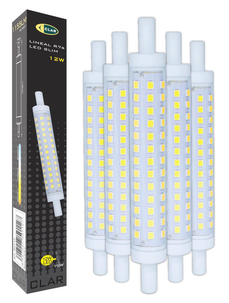 CLAR - R7S LED 118 mm, R7S LED 118 mm, R7S LED, LED stick, LED torch R7S, R7S 118 mm, R7S 118 mm LED, LED rod light, LED replacement for halogen rod, torch LED, 12 W 4000ºK (Pack of 5) Neutral White (4000 K) 12W 118mm (Pack 5)