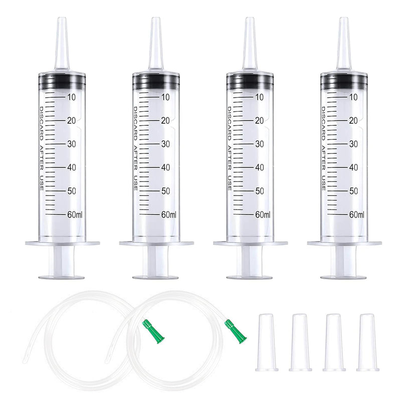 Pack of 4 Syringe Without Needle, 60 ml Large Colostrum Syringe, Sterile Liquid Dispensing Syringe, Graduated Plastic Syringe, Industrial Refill Syringe with 1 m Hose Caps for Liquid, Oil Suction