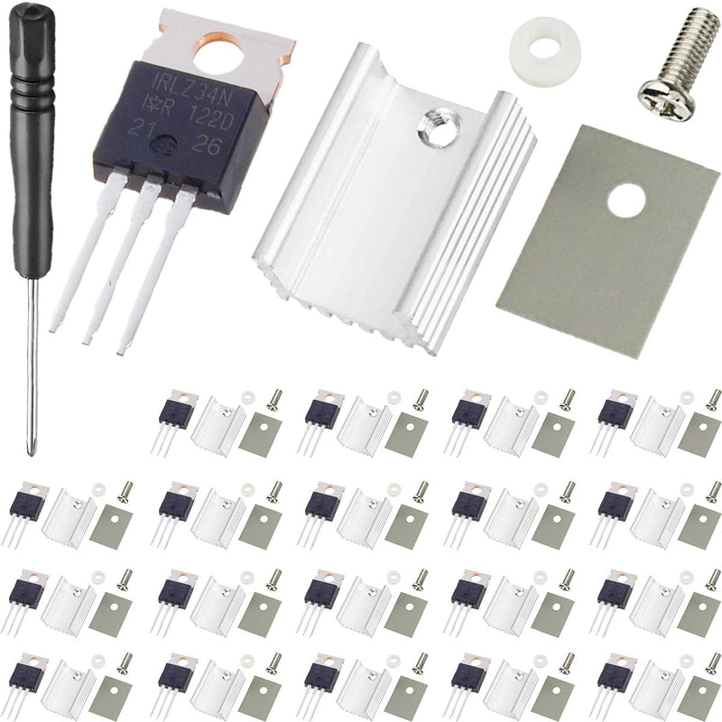 20 pcs IRLZ34N Mosfet Transistor N-Channel 30A 55V IRLZ34NPBF in-line MOSFET Transistor TO-220AB with Aluminum Heatsink Screwdriver Mounting Kits,for DIY