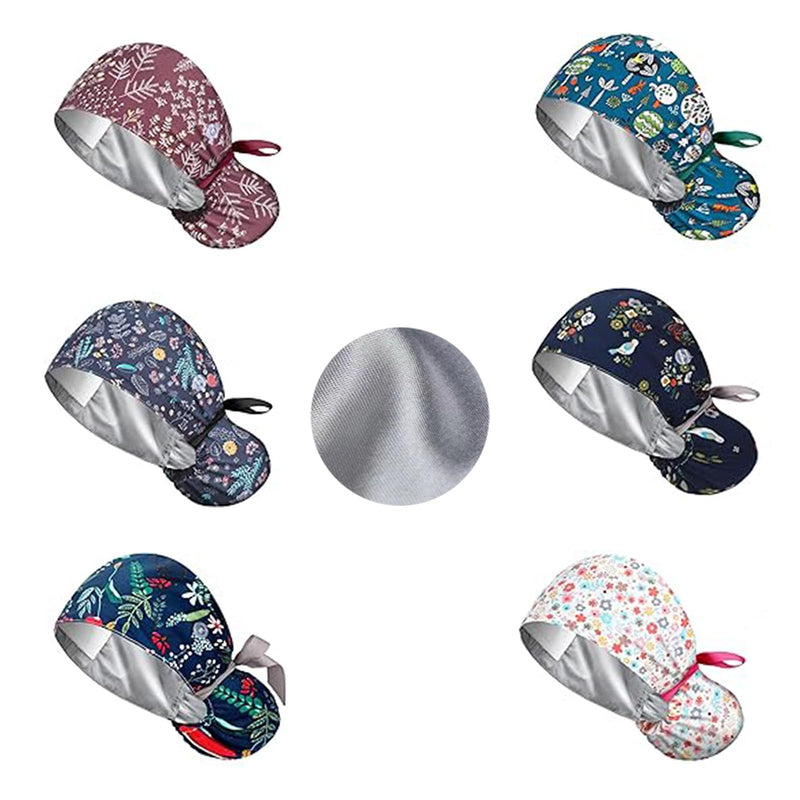[AUSTRALIA] - 6 x Women's Surgical Caps with Satin Lining, Adjustable Fabric with Button, Ponytail Work Cap with Sweatband Hoods, Cotton Print Surgical, Chef's Hat, Dust Cap, One Size, multicoloured 