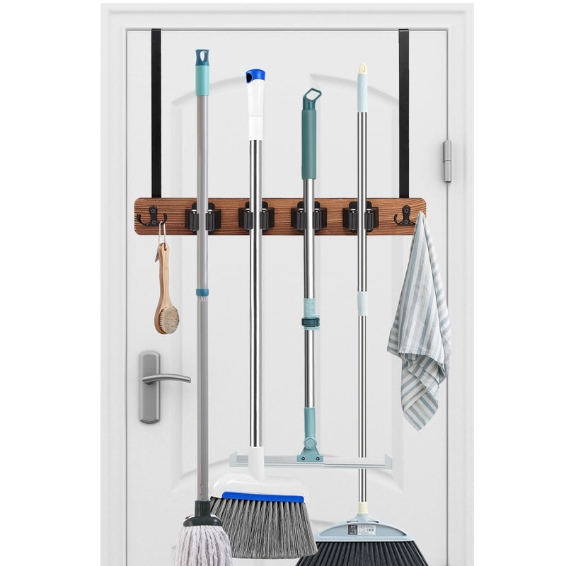 Cyiecw Broom Holder Wall or Broom Holder Over the Door, Drillable Tool Wall Mount, Wooden Stainless Steel Broom Mop Tool Garden Tool Holder, Door Organiser with 4 Holders and 2 Hooks, 1 Piece (Brown) Brown