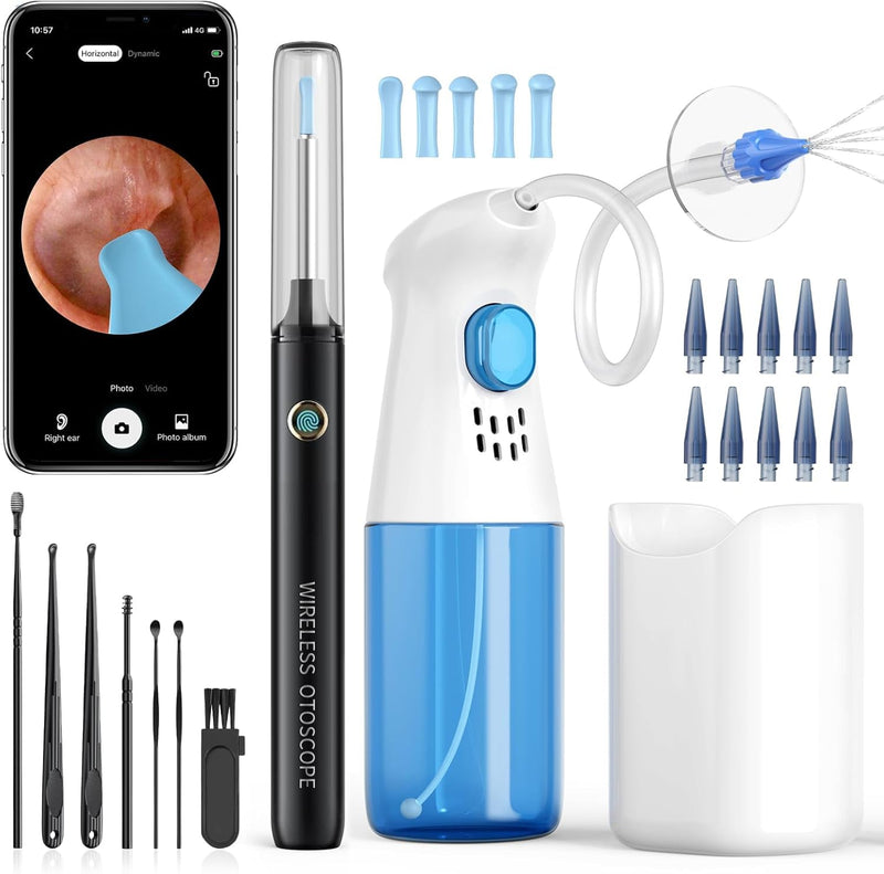 Qimic Ear Cleaner, Ear Wax Remover, 1080P Otoscope with Light, Ear Cleaner for Adults, Ear Wash, Ear Wash System, Ear Cleaning Set with 10 Ear Tips and Water Catching Basin blue-black