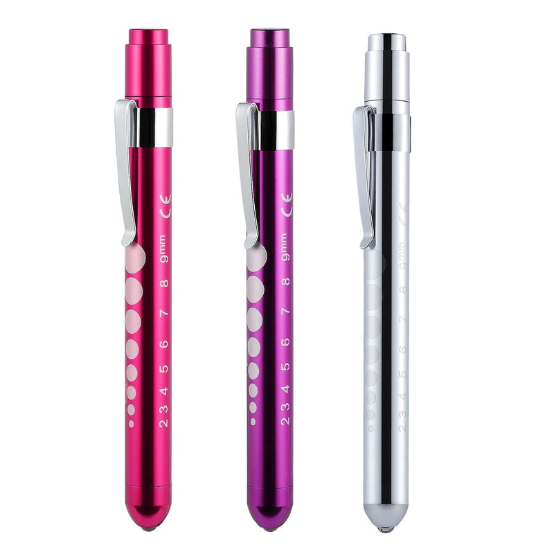 Set of 3 Pupil Light in Purple, Pink, Silver, LED Torch Eye Light, Portable Light Pen with Pocket Clip, Ruler, Pupil Meter, Pupil Light, Care Accessories