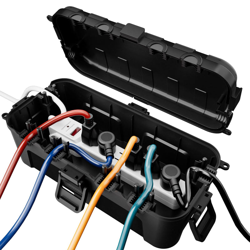 RESTMO Outdoor Electrical Box, IP54 Weatherproof Extension Cord Cover with 6 Cable Entry Ports, Waterproof Connection Box Protect Power Strip, Timer, Plug, Holiday Lights, (11.5x5.2x4 inch), Black 1 Pack