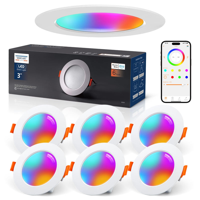 [AUSTRALIA] - VARICART LED Recessed Spotlight 230 V RGB Alexa, Smart LED Spot Flat Bluetooth 7 W 2700 K-6000 K, Recessed Spotlights, Dimmable, Colourful, Set of 6, IP44 68 mm Recessed Lights, App Control, Colours 7W Ø68-85mm Lochmass 