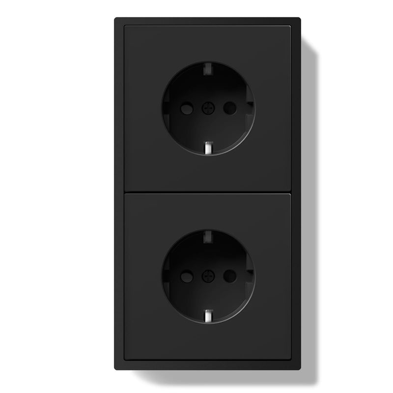 BSEED Schuko Double Socket Flush-Mounted, Wall Socket 16 Amp with PC Frame, Double Socket with Claws, 2 Compartments, Black 2 Fach