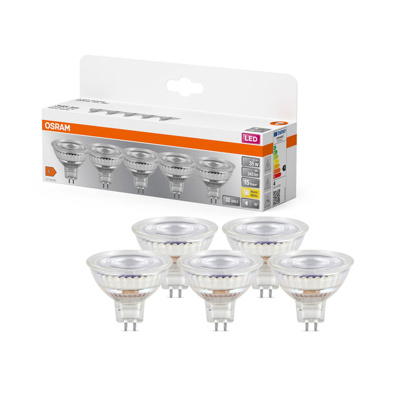 OSRAM LED Base MR16, Value Pack with 5 Low Voltage Bulbs, Replaces Conventional 35 W Reflector Bulbs, Warm White (2700 K), 3.8 W, GU5.3 Socket, Matte Glass, Not Dimmable 2700k Warm White 5 Stück 35W Replacement 36° beam angle