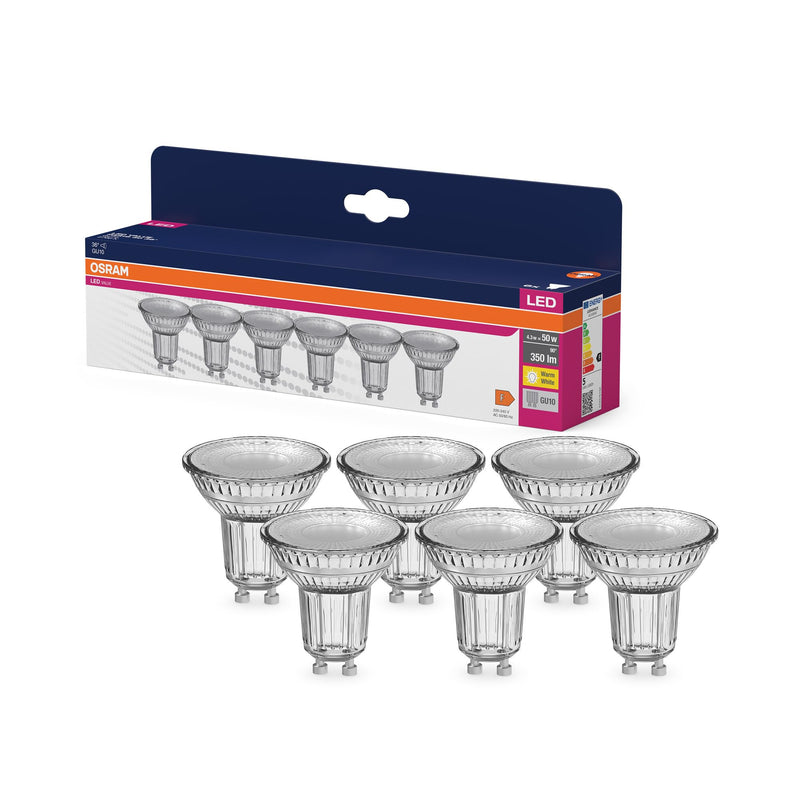 OSRAM LED Star Value PAR16 Value Pack of 6 Bulbs, Replaces Conventional 50 W Reflector Bulbs, Warm White (2700 K), 4.3 W, GU10 Socket, Filament Glass, Not Dimmable, White 50W-Ersatz 36° beam angle