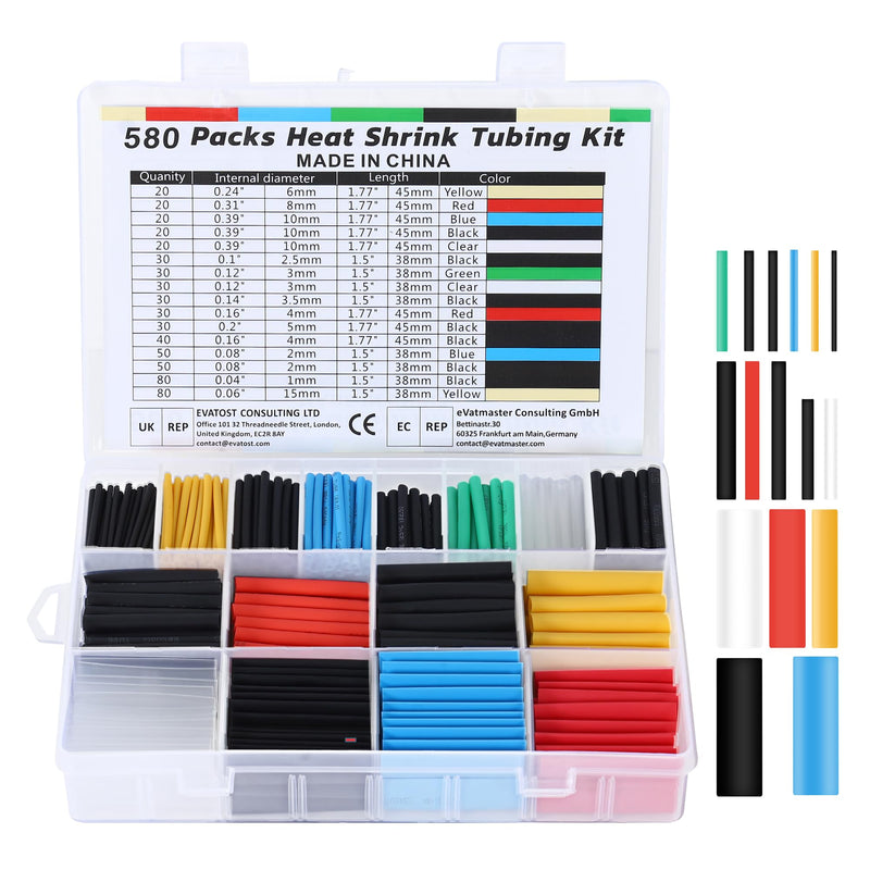 WUFANC Heat Shrink Tubing Set, 580 Pieces, Heat Shrink Tubes, Coloured Includes 6 Colours and 11 Sizes, 2:1 Shrink Ratio, Heat Shrink Tube, Waterproof, Suitable for Cable Insulation, Protect