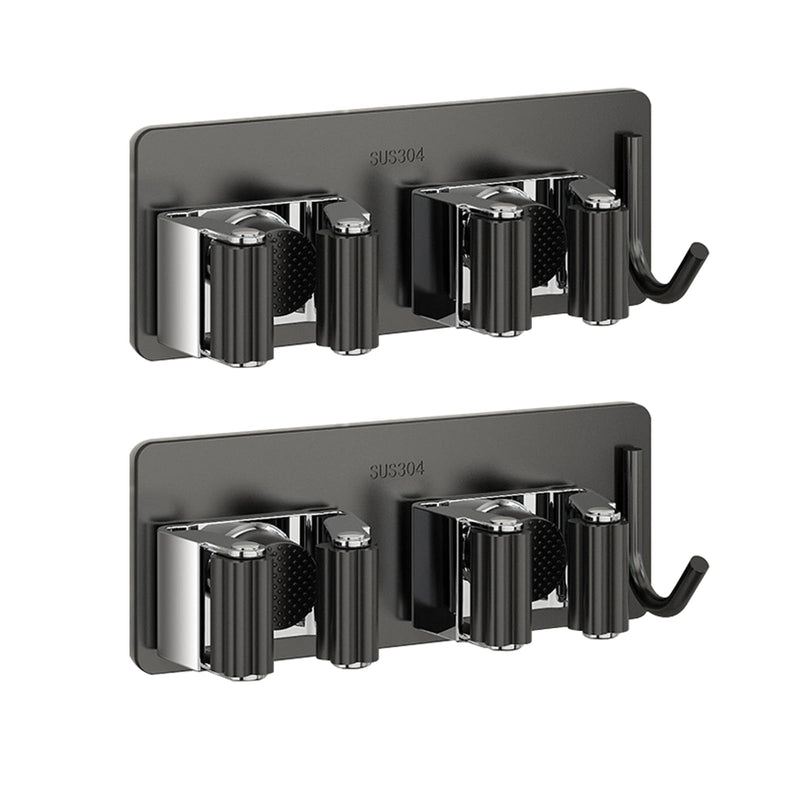 HTRTRR Broom Holder Wall 2 Pieces, 3 in 1 Tool Holder Stainless Steel Garden Tool Holder Wall Mount Self-Adhesive Broom Holder for Kitchen, Home, Bathroom, Garage, Garden