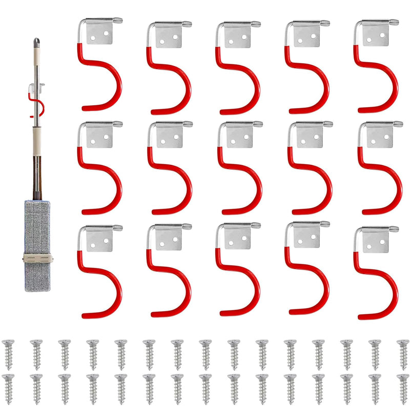 EVDZNA Metal Hook Tool Holder 15 Pieces, Red, Tool Holder, Broom Holder, Garden Tools Hanging, Multifunctional System, Holder for Garden Tools & Electrical Appliances, Metal Hooks, Rubberised Handle