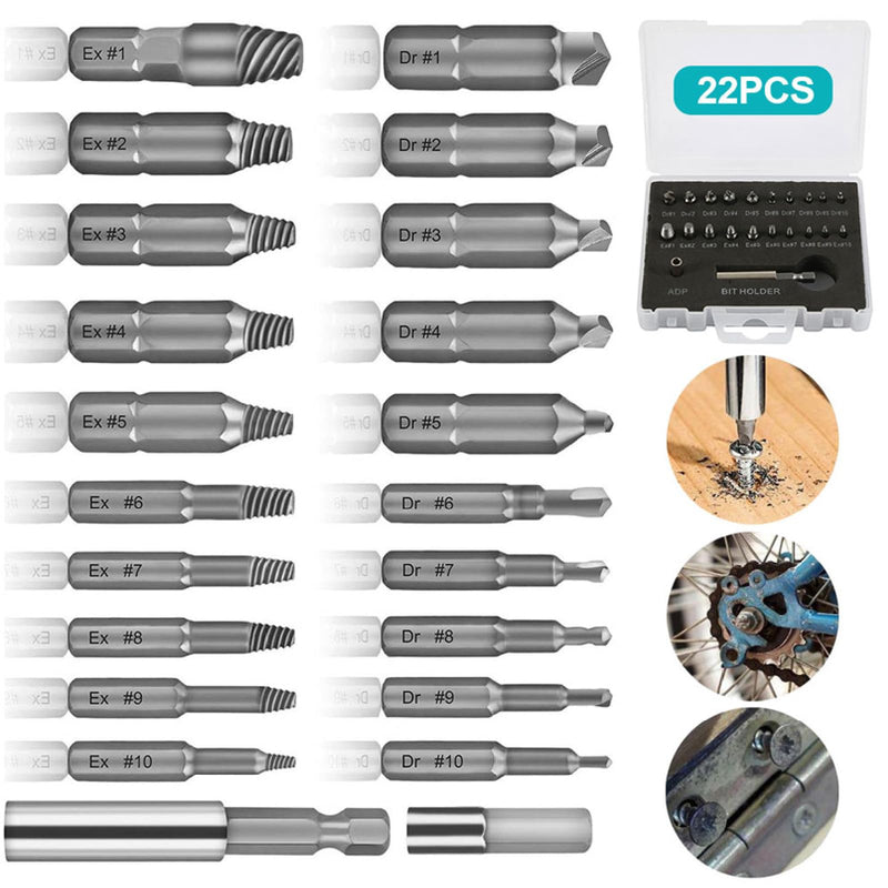 [AUSTRALIA] - Xiciki Screw Extractor Set for Damaged Screws 2-12 mm Left Extractor Set with Drills, Extractors, Bit Extension Set of 22 