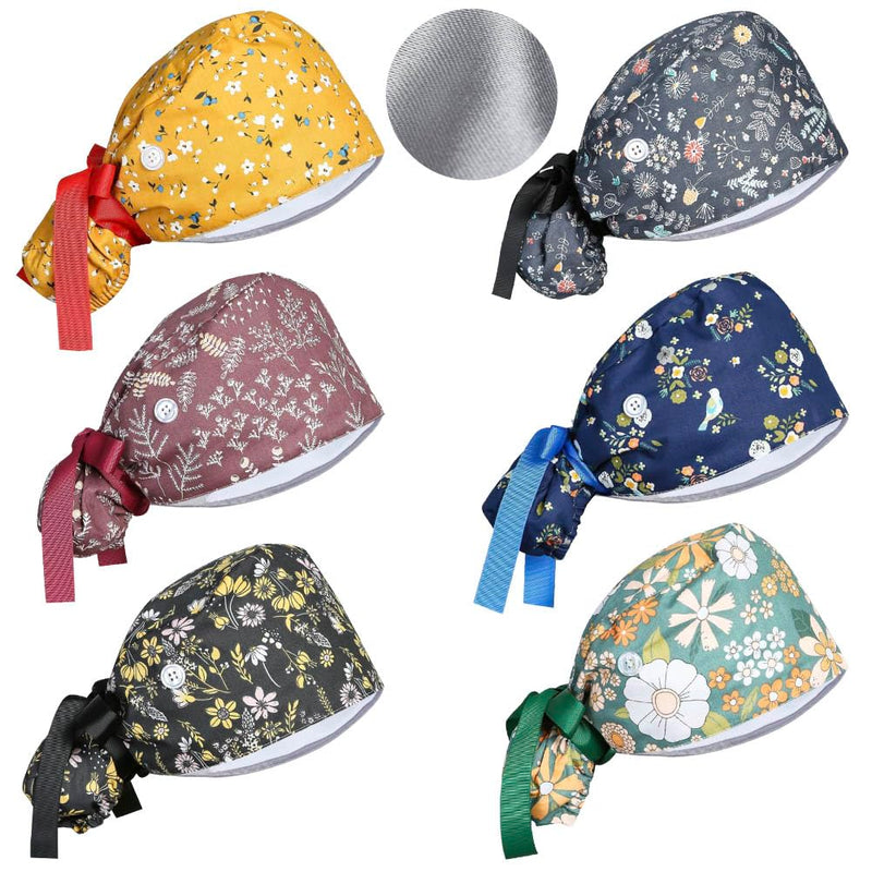 Satin Lined Scrub Caps Women Adjustable Nurse Surgical Hat with Buttons Sweatband Ponytail Working Cap with Tie Back Vivid Pattern