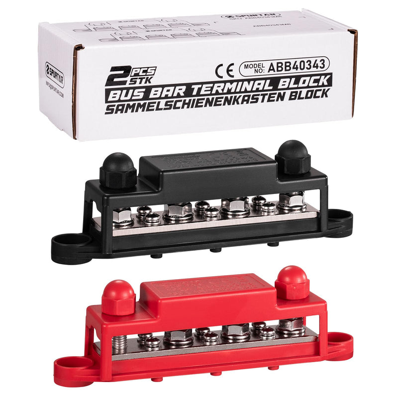 Spurtar 12V Bus Bar 12V Power Distribution Block 4X 5/16'' M8 Stud 6X #8 M4 Screws Bus Bar Terminal Block 12V 24V 48V 250A Battery Bus Bar for Car Truck RV ATV Boat Trailer Red Black Pair 4 x 5/16'' M8 - 6x #8 Screws